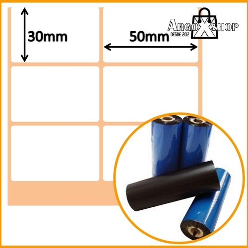 Bobinas de Papel Couchet com 50mm x 30mm + Ribbon Cera 74 Metros Bobinas de Papel Couchet com 50mm x 30mm + Ribbon Cera 74 Metros